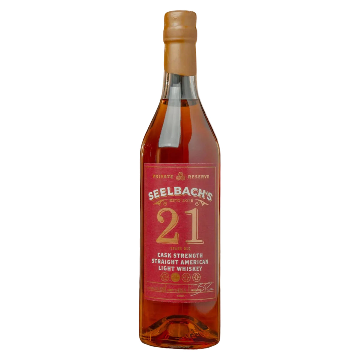 A bottle of Seebach's 21 Cask Strength Straight American Light Whiskey with a red label and gold seal, set against a plain white background.