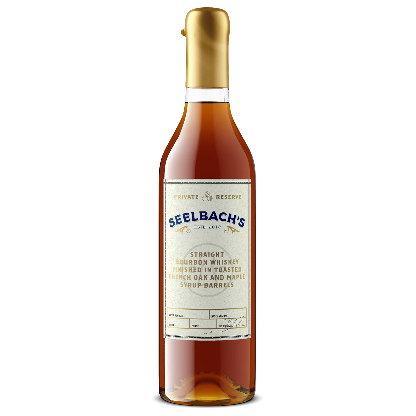 A bottle of Seelbach's Straight Bourbon Whiskey with a gold cap and a cream-colored label, shown against a plain white background.
