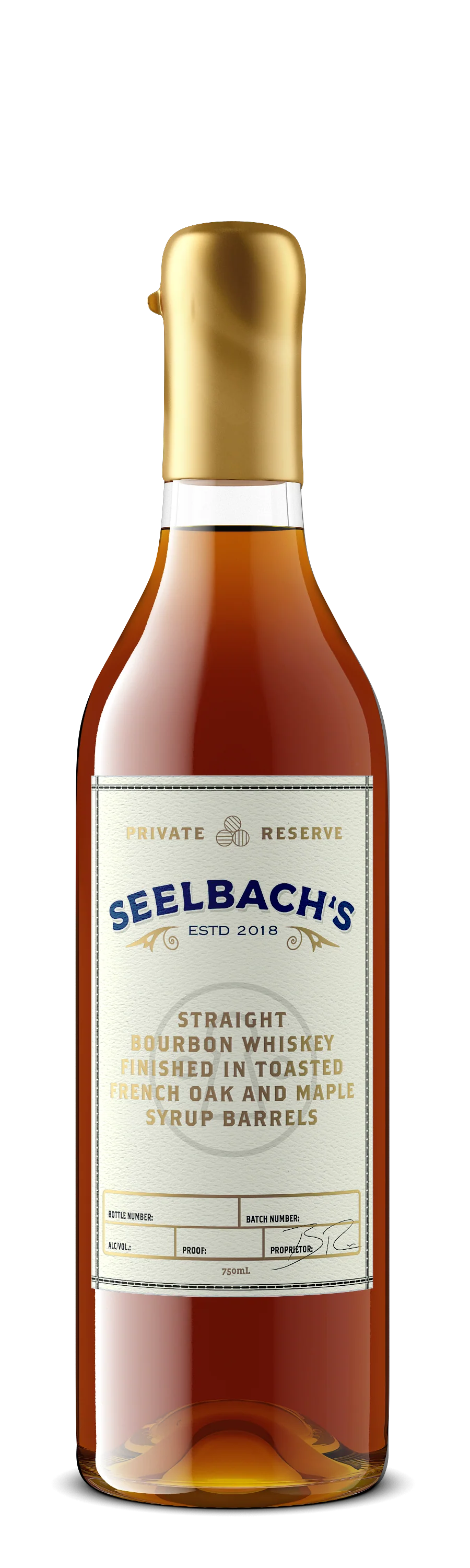 A bottle of Seelbach's Straight Bourbon Whiskey with a gold cap and a cream-colored label, shown against a plain white background.