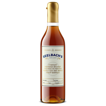 A bottle of Seelbach's Straight Bourbon Whiskey with a gold cap and a cream-colored label, shown against a plain white background.
