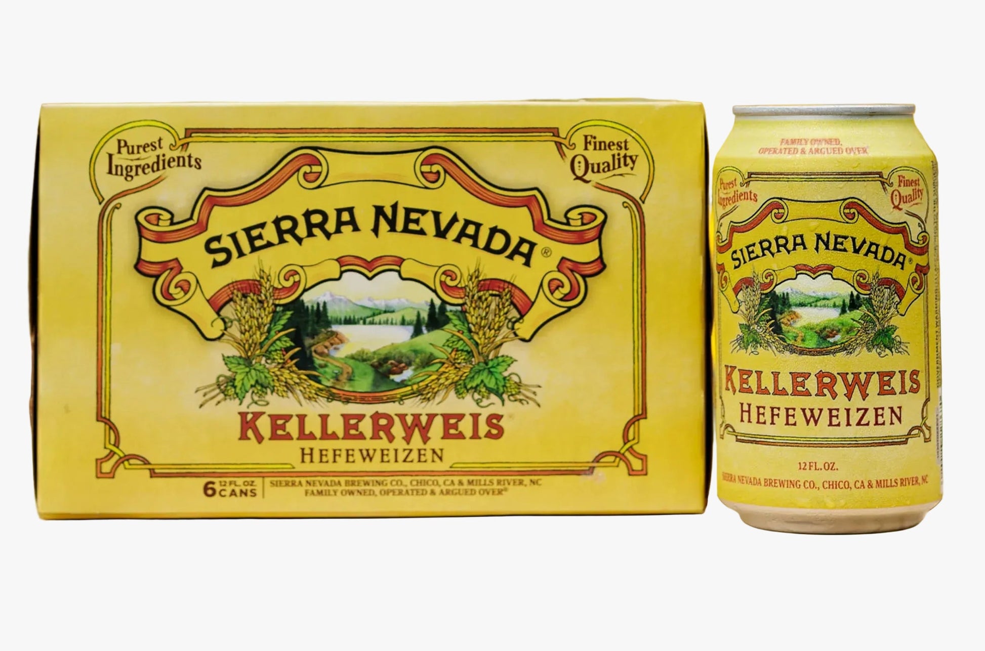 A yellow carton and matching can of Sierra Nevada Kellerweis Heifeweizen beer displayed on a wooden table with a blurred garden background.