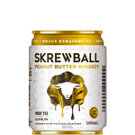 A 100mL can of Skrew Ball Peanut Butter Whiskey on a plain white background. The can features a white label with a stylized golden-brown sheep logo and gold accents.