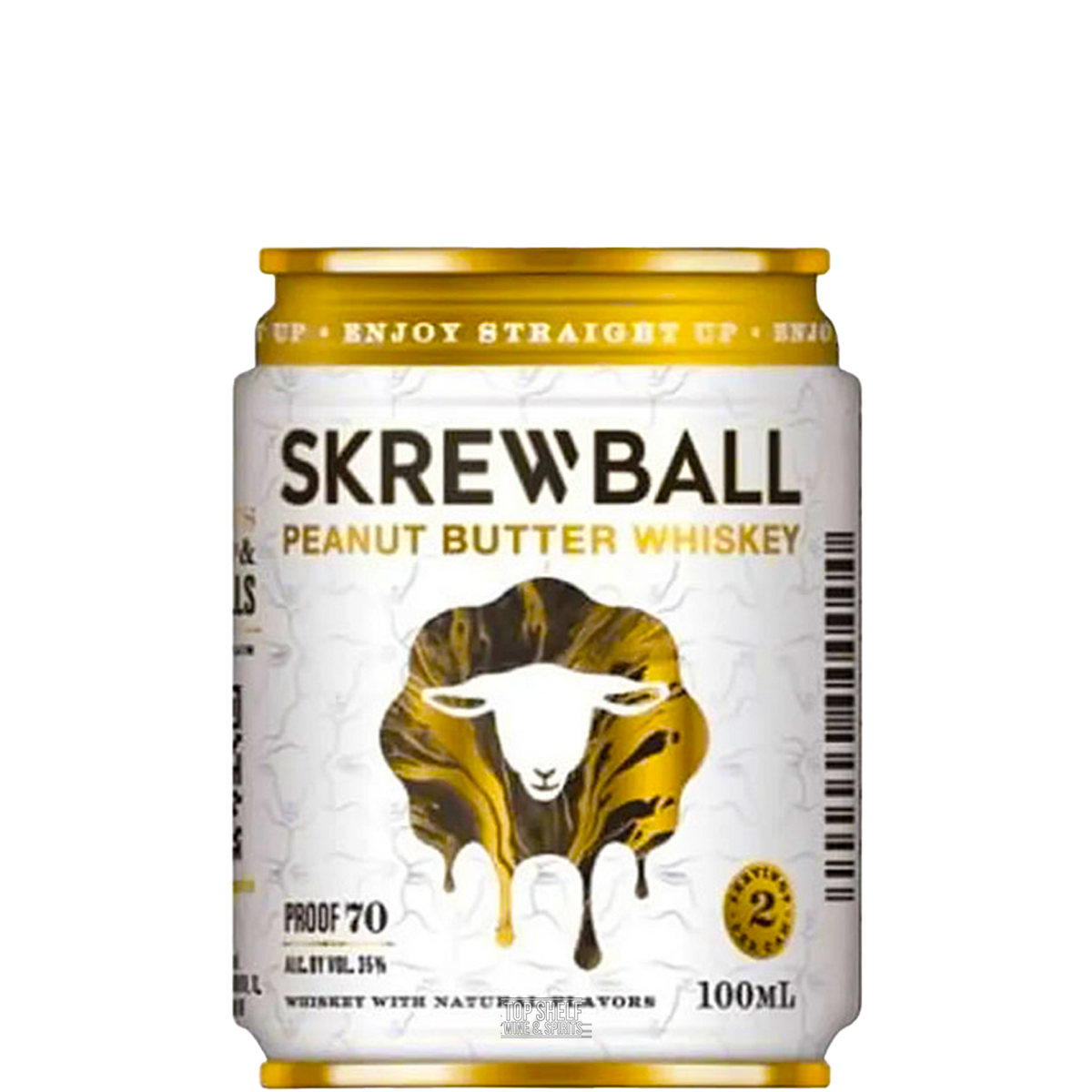 A 100mL can of Skrew Ball Peanut Butter Whiskey on a plain white background. The can features a white label with a stylized golden-brown sheep logo and gold accents.