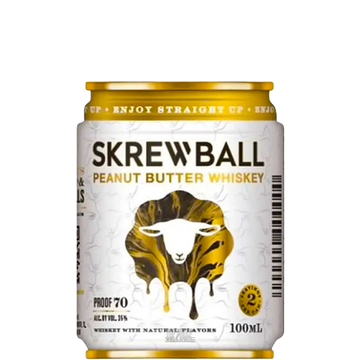 A 100mL can of Skrew Ball Peanut Butter Whiskey on a plain white background. The can features a white label with a stylized golden-brown sheep logo and gold accents.