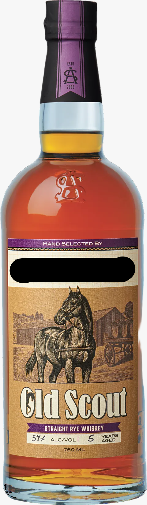 Whiskey bottle with a horse illustration on the label, ready for customization.