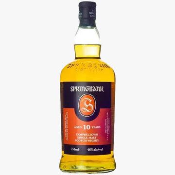 Springbank 10-year-old single malt Scotch whisky bottle on a white background