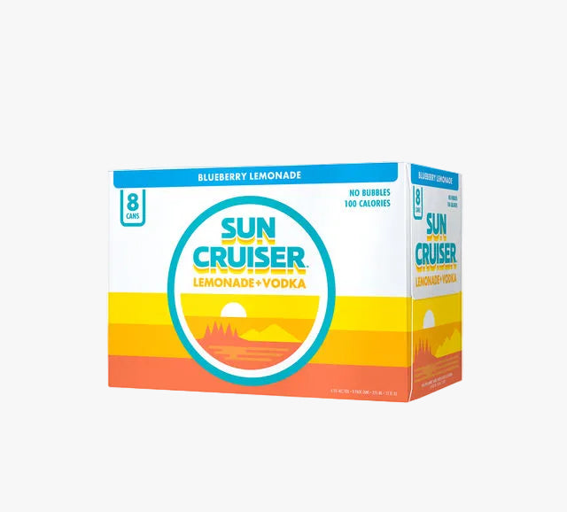 A box of Sun Cruiser Lemonade + Vodka blueberry lemonade, 8 count, featuring a retro sunset gradient design in blue, yellow, and orange on a white background.