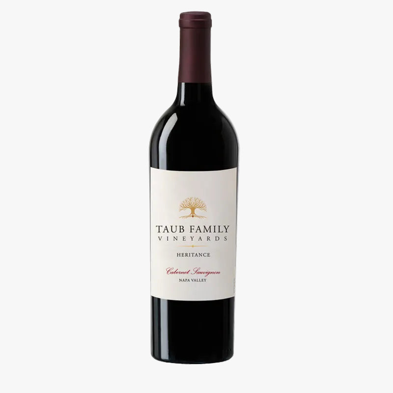 A bottle of Taub Family Vineyards Heritage Cabernet Sauvignon red wine, featuring a dark glass bottle with a cream-colored label and a dark red foil capsule, set against a plain white background.