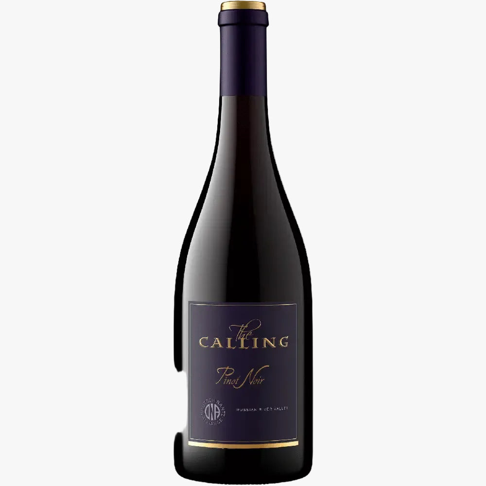 A bottle of The Calling Pinot Noir red wine, featuring a dark glass bottle with a deep purple label and gold lettering, set against a plain white background.