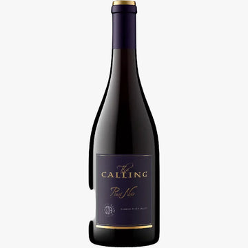 A bottle of The Calling Pinot Noir red wine, featuring a dark glass bottle with a deep purple label and gold lettering, set against a plain white background.