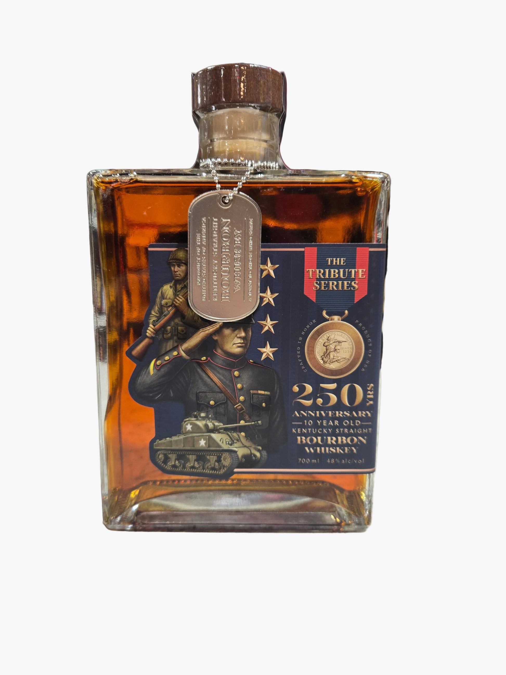 Bourbon bottle with a label featuring an image of a soldier and text on a marble surface.