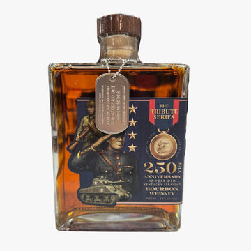 Bourbon bottle with a label featuring an image of a soldier and text on a marble surface.