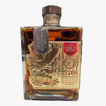 Bourbon whiskey bottle with gold design and 'Tribute Series' label in a store setting
