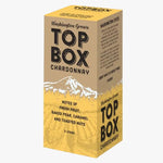 A 3-liter cardboard box of Top Box Chardonnay wine, featuring a tan and yellow design with a white mountain graphic and black text.