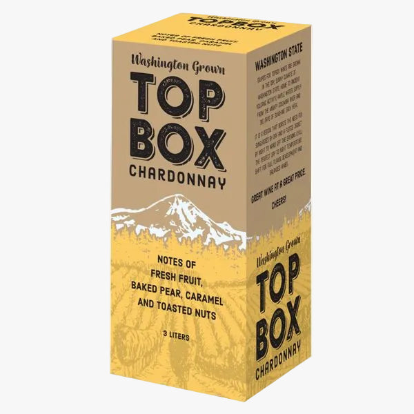 A 3-liter cardboard box of Top Box Chardonnay wine, featuring a tan and yellow design with a white mountain graphic and black text.