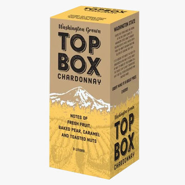 A 3-liter cardboard box of Top Box Chardonnay wine, featuring a tan and yellow design with a white mountain graphic and black text.