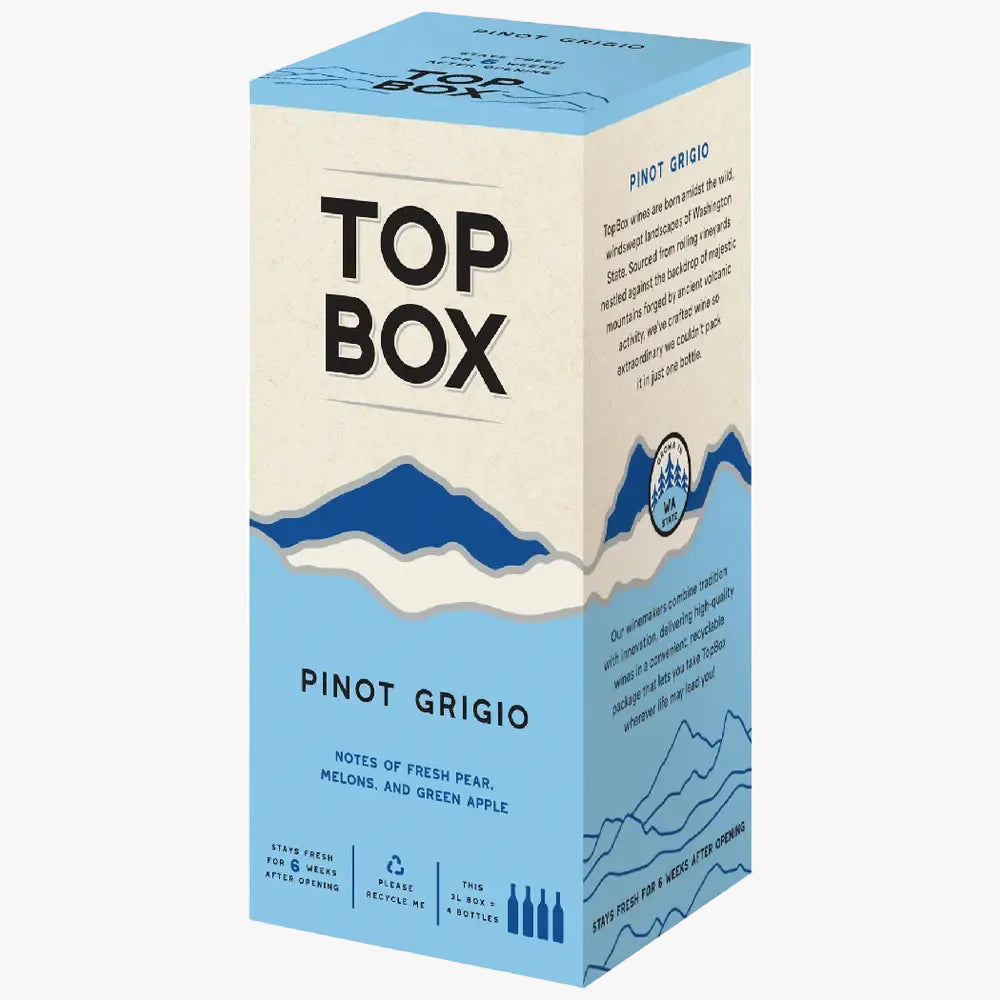 A box of Top Box Pinot Grigio wine, featuring a cream-colored front panel with bold black text, a blue mountain graphic, and a light blue lower section with product details.