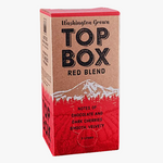 A 3-liter cardboard box of Top Box Red Blend coffee, featuring a kraft brown upper section with black text and a red lower section with a white mountain graphic.