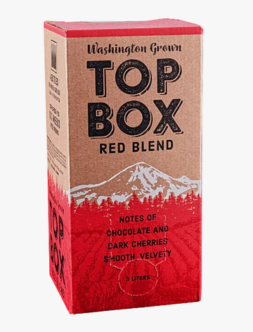 A 3-liter cardboard box of Top Box Red Blend coffee, featuring a kraft brown upper section with black text and a red lower section with a white mountain graphic.