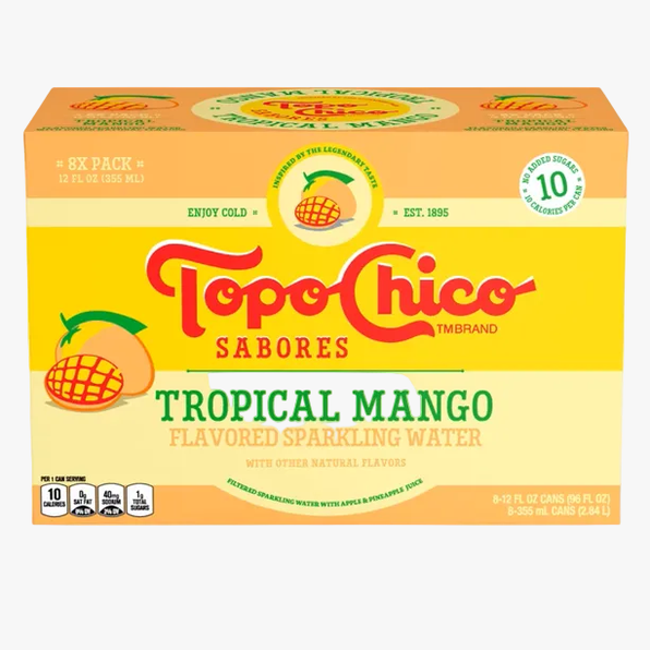 A Topo Chico Sabores Tropical Mango Flavored Sparkling Water 8-pack box, featuring a bright yellow and orange design with red and green branding text.