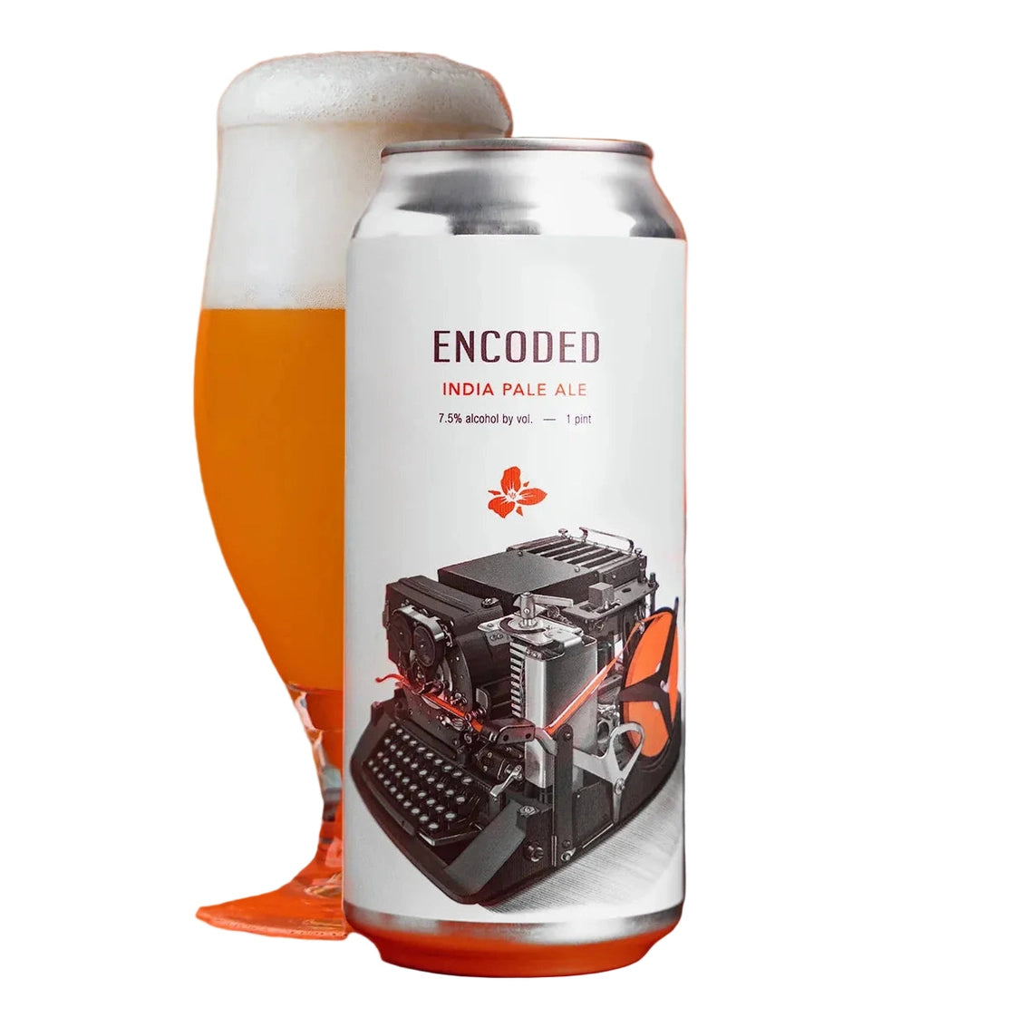 A can of Encoded India Pale Ale stands upright on a bright orange surface, with a filled beer glass behind it and a blurred keyboard prop on the right. The can label is white with dark text and an illustration of a typewriter.
