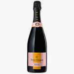A bottle of Veuve Clicquot 2015 Vintage Rose Champagne, featuring a dark glass bottle, black foil, and a pink and gold label.