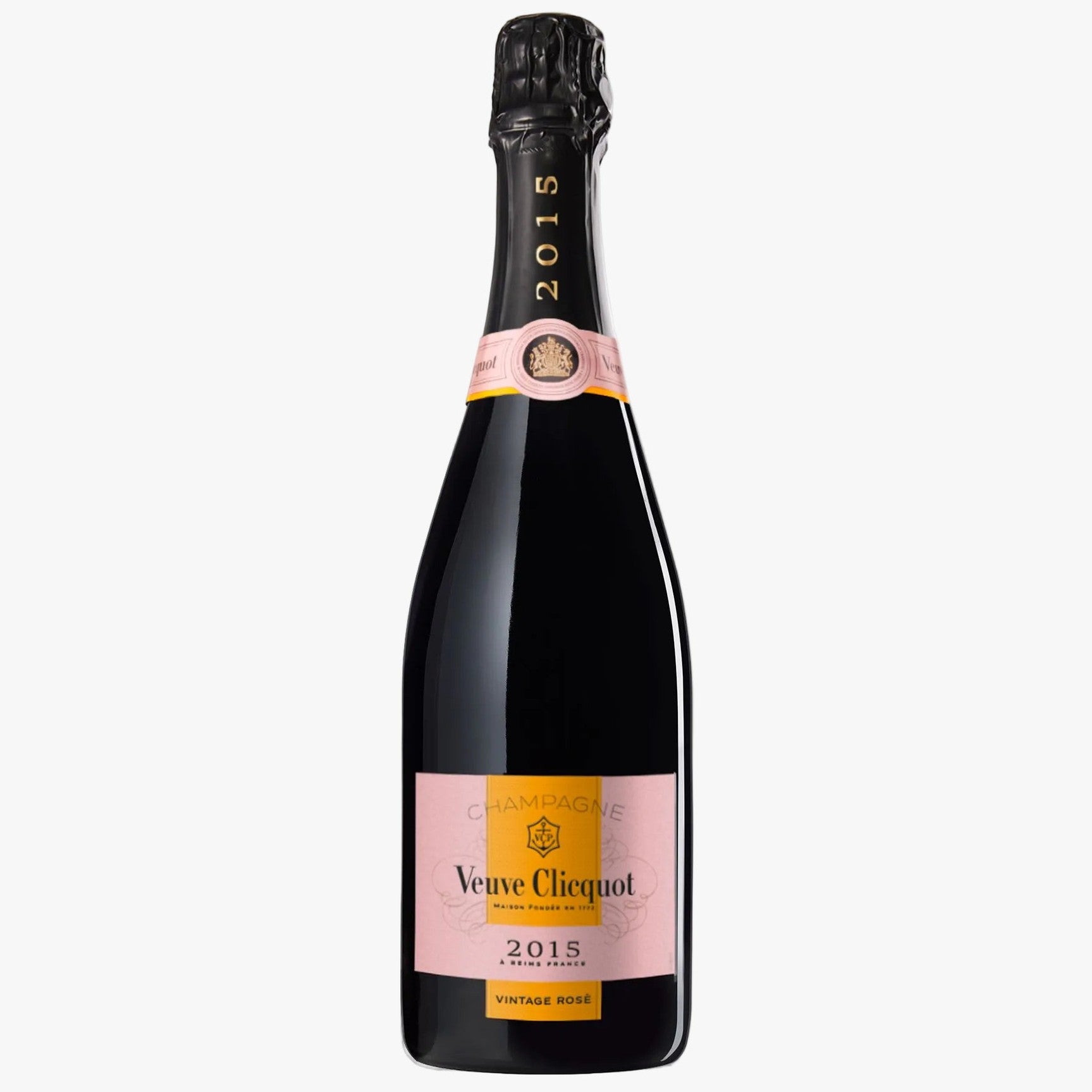 A bottle of Veuve Clicquot 2015 Vintage Rose Champagne, featuring a dark glass bottle, black foil, and a pink and gold label.