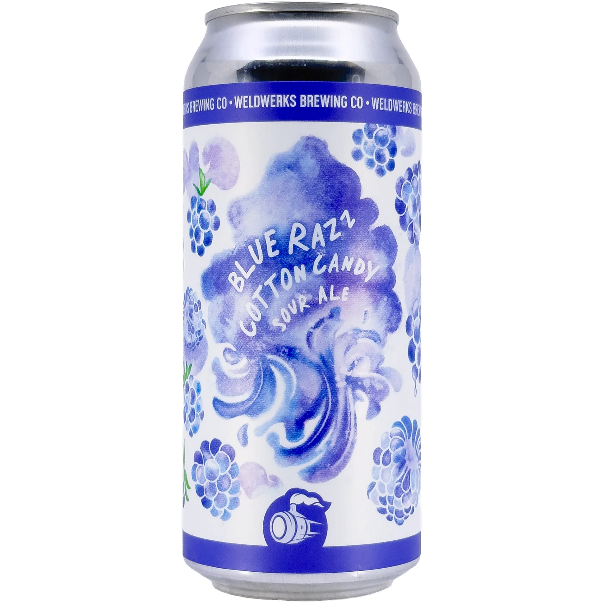 A single aluminum can of Wildworks Brewing Co. Blue Razi Cotton Candy Sour Ale, featuring a white label with blue watercolor grape illustrations and stylized text.