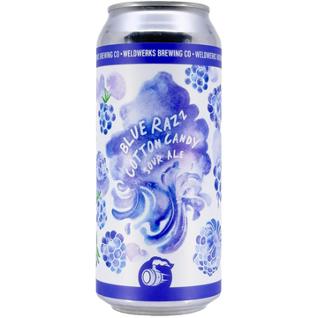 A single aluminum can of Wildworks Brewing Co. Blue Razi Cotton Candy Sour Ale, featuring a white label with blue watercolor grape illustrations and stylized text.