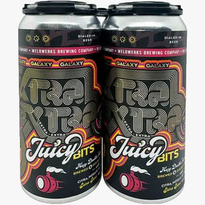 Two cans of TraXtra Juicy Bits beer from Welwerks Brewing Company on a white background