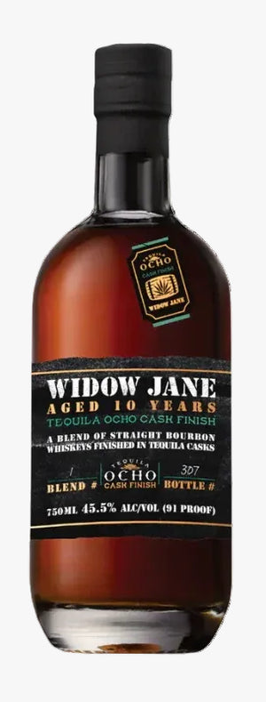 Widow Jane whiskey bottle with a black label on a white background