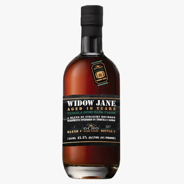 Widow Jane whiskey bottle with a black label on a white background
