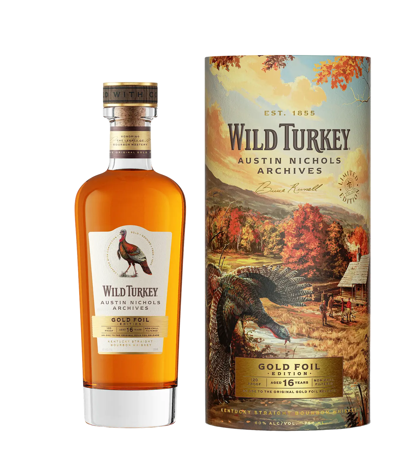 Wild Turkey whiskey bottle and packaging on a blank background