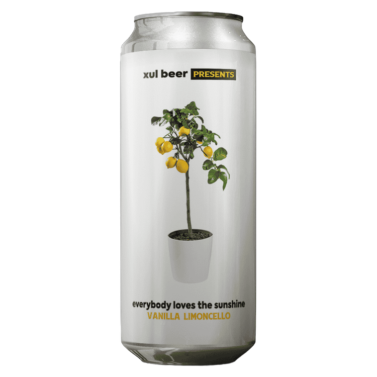 A slim silver aluminum can of Xul Beer Vanilla Limoncello with a minimalist white label featuring a potted lemon tree and yellow lemons.