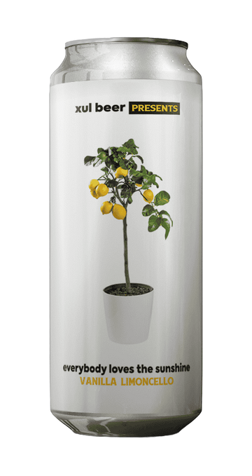 A slim silver aluminum can of Xul Beer Vanilla Limoncello with a minimalist white label featuring a potted lemon tree and yellow lemons.