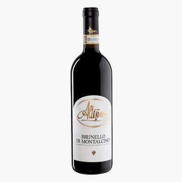 Bottle of Brunello di Montalcino wine with a white label on a white background